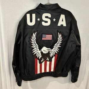 Interstate Leather USA Motorcycle Bomber Jacket Eagle Black Men’s Size XL